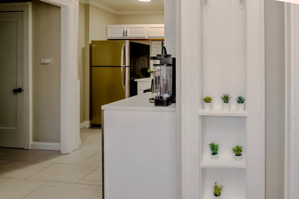 A modern kitchen scene with a blender on the counter, succulents on the shelf, and a striking golden refrigerator. The space is inviting and functional, suggesting a home where both people and pets can feel at ease.